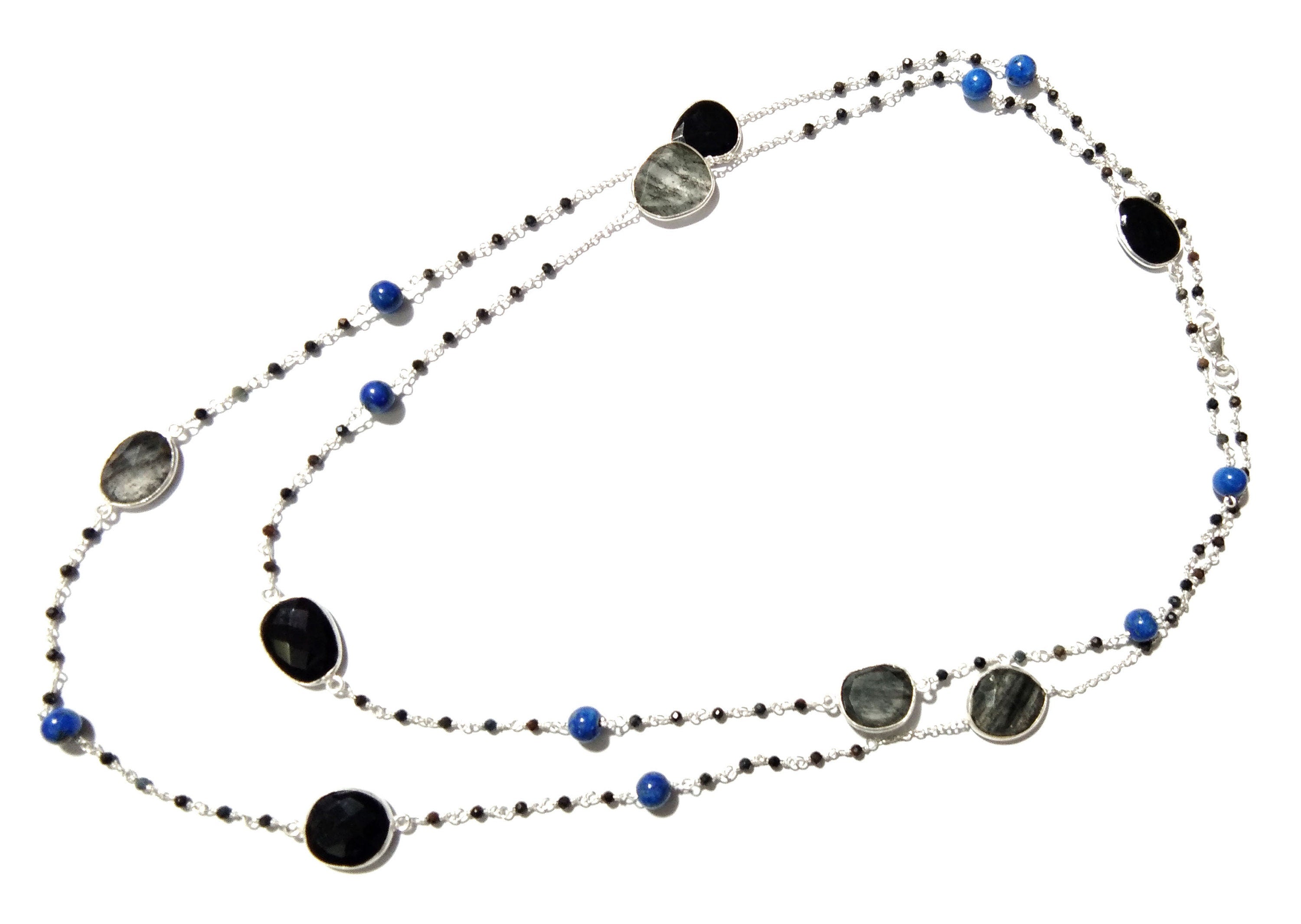 44'' Log Necklace ! Black Rutile Necklace With Lapis Lazuli & Black Onyx, 925 Sterling Silver Jewelry, Handmade Beaded Necklace.